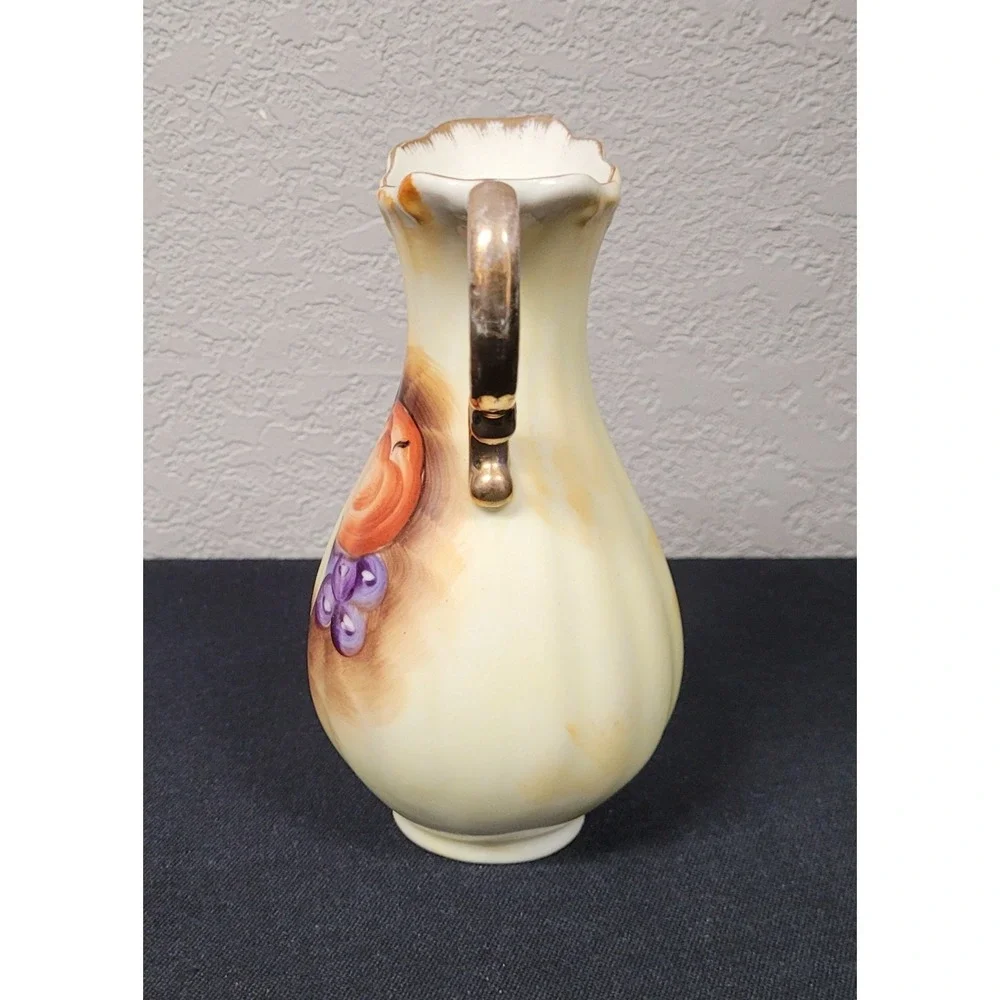 Vtg 60s Enesco Japan E2350 Porcelain Fruit Pitcher Vase Hand Painted Gold Handle